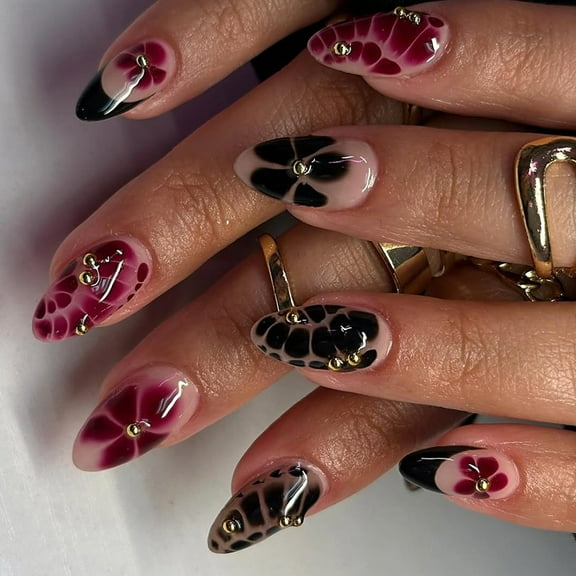 Press on Nails Almond Fake Nails French Full Covers Acrylic False Nails Flower Designs Fake Nails Artificial Nails