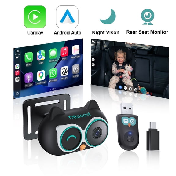 Ottocast Baby Car Camera & Wireless Carplay Adapter &Android Auto , 1080P HD Rear Seat Monitor, 150° Wide Angle Night View, for Kid or Pet