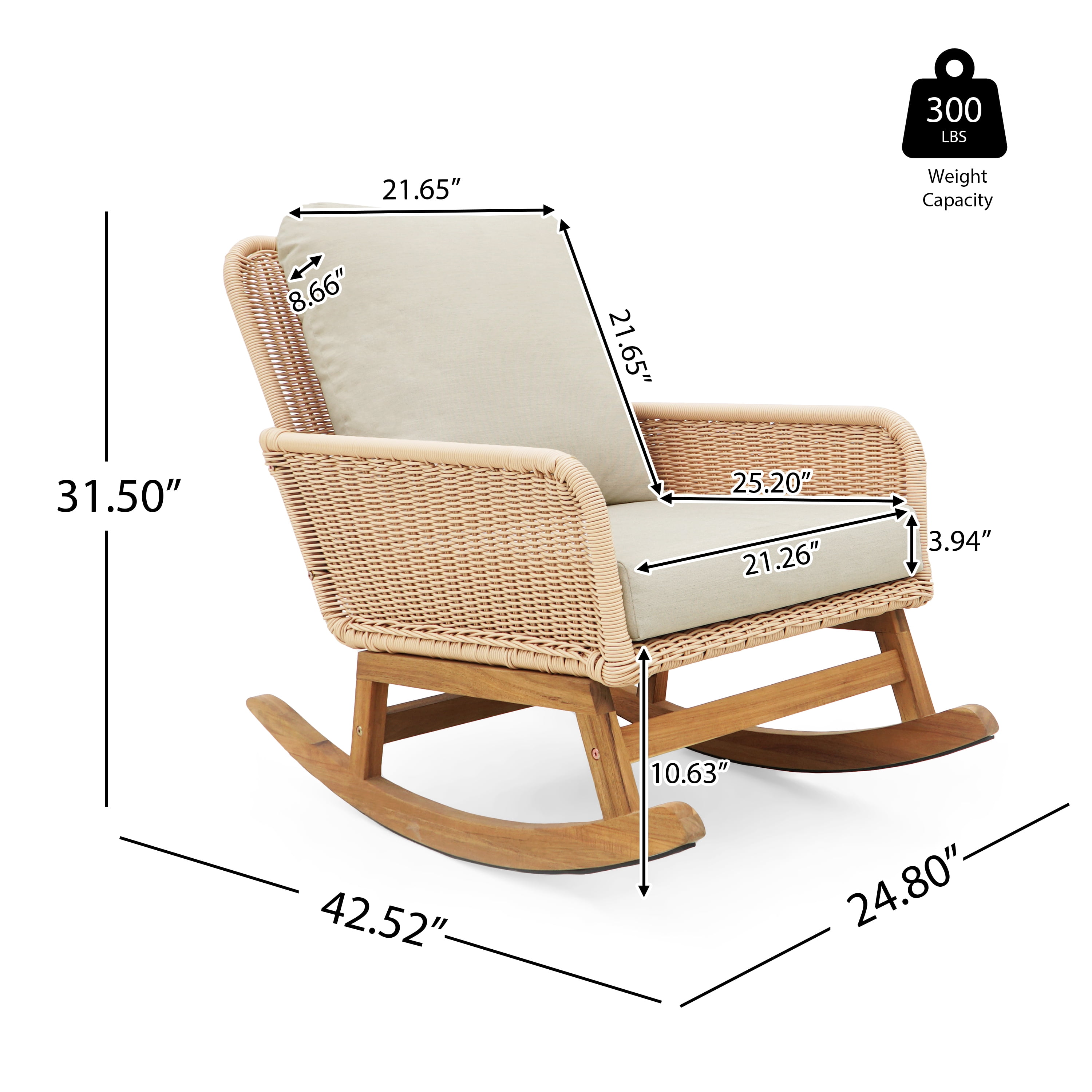 Euroco Modern Wicker Rocking Chair with Cushions, PE Rattan Patio Rocker with Wooden Frame for Indoor & Outdoor Use