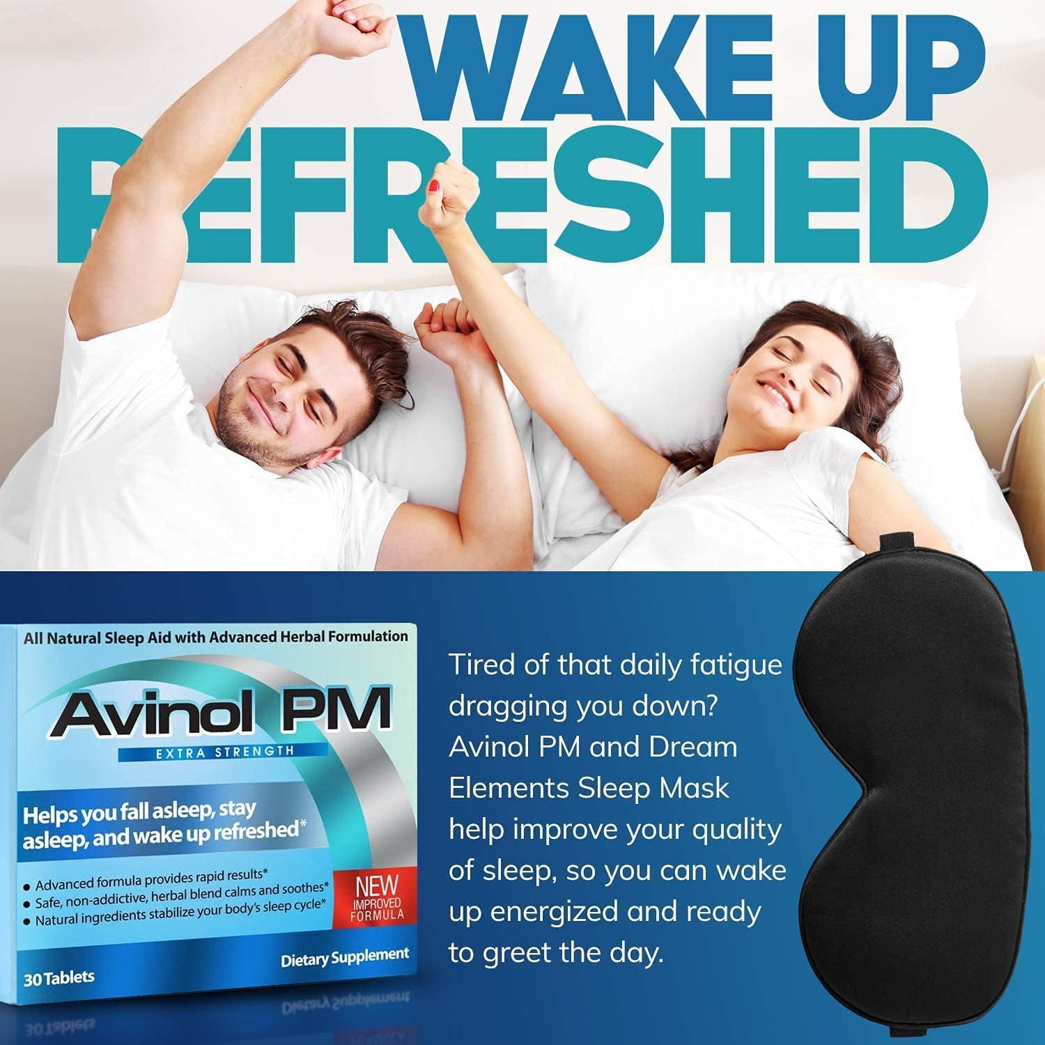 Avinol PM Extra Strength and Dream Elements Sleep Mask | All-in-One Natural Sleep Aid (30 ct) - 100% Pure Mulberry Silk Eye Mask