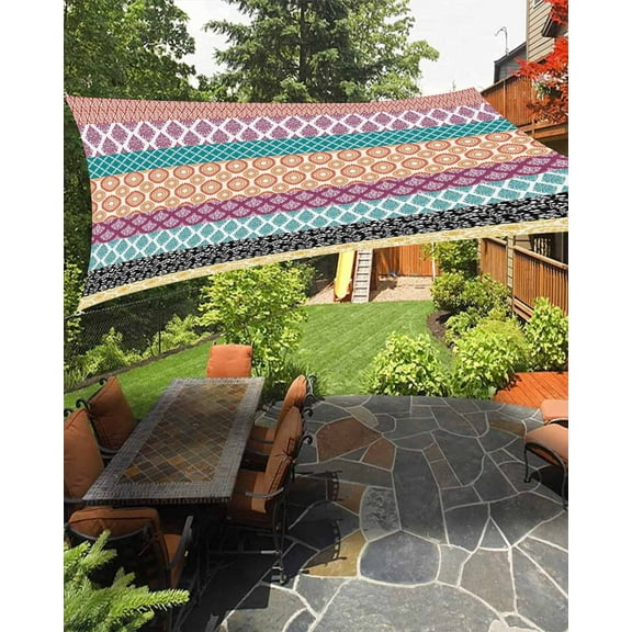 Sun Shade Sail 8x10Ft Geometric Bohemia Stripes Blue Orange and Yellow Uv Block Sunshade Canopy Outdoor Shade Cover Rectangle Shade Cloth For Patio Garden Yard Deck Pergola