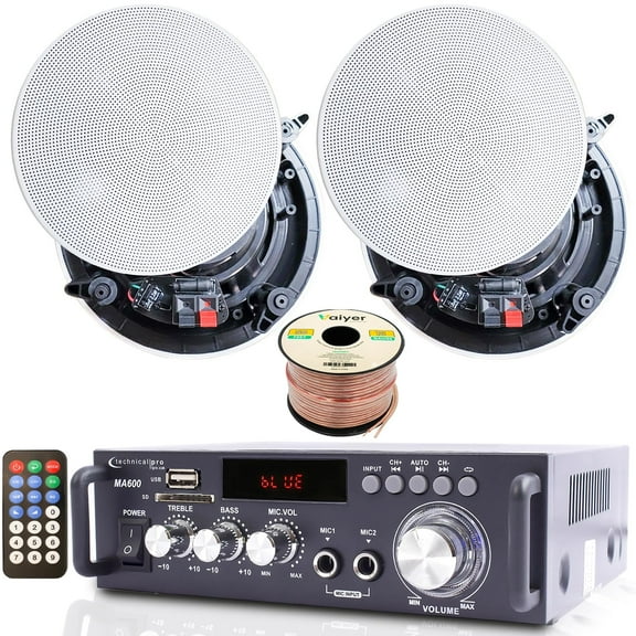Technical Pro Home Theater System Kit with 600W 2 Channel Bluetooth Amplifier, 2 Frameless 5.25 Inch Ceiling Speakers and 50 ft Speaker Wire