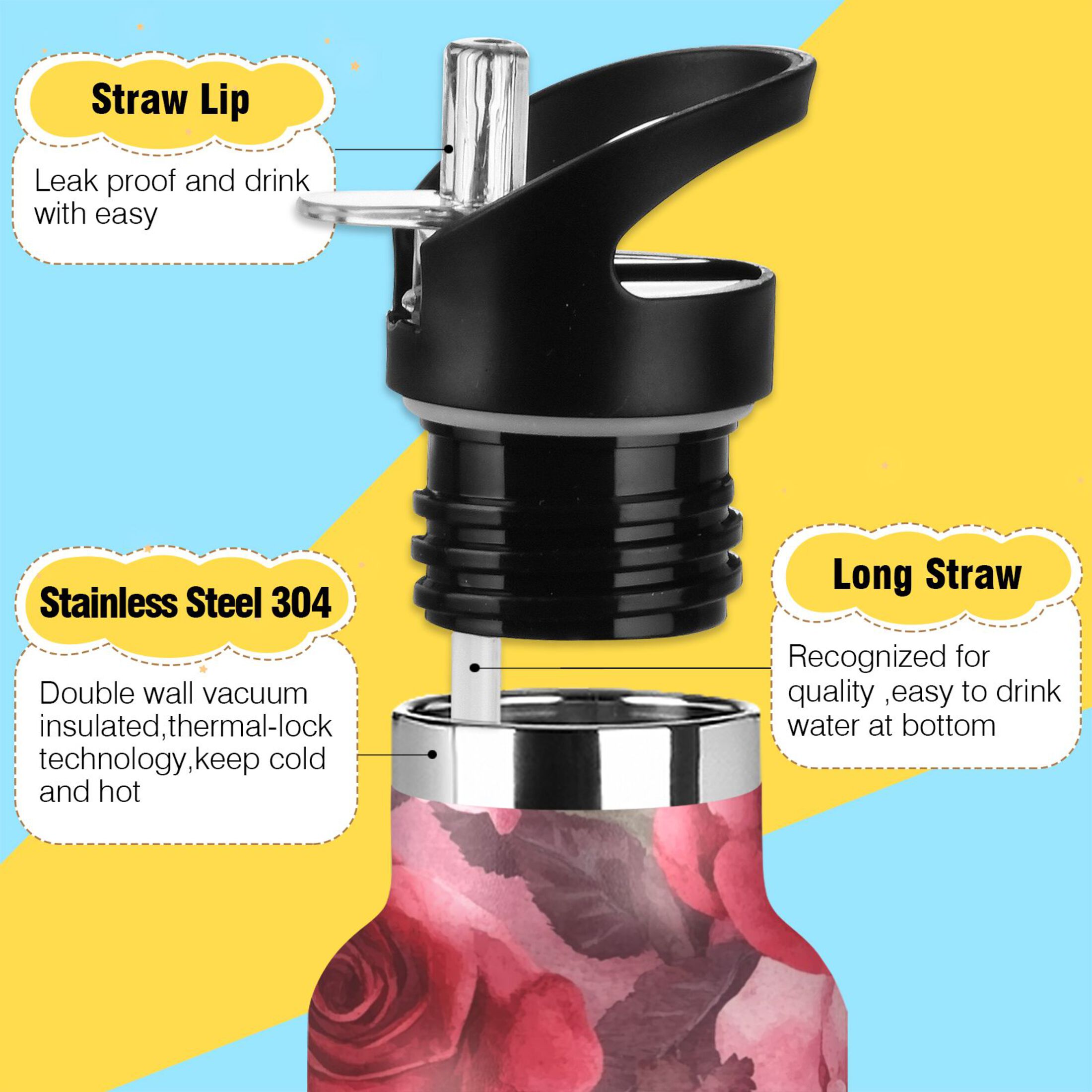 600ML Stainless Steel Insulated Cup Sports Water Bottle Portable Thermos Cup Water Glasses Insulated Tumblers Convenient and Durable Cartoon Red Roses Seamless