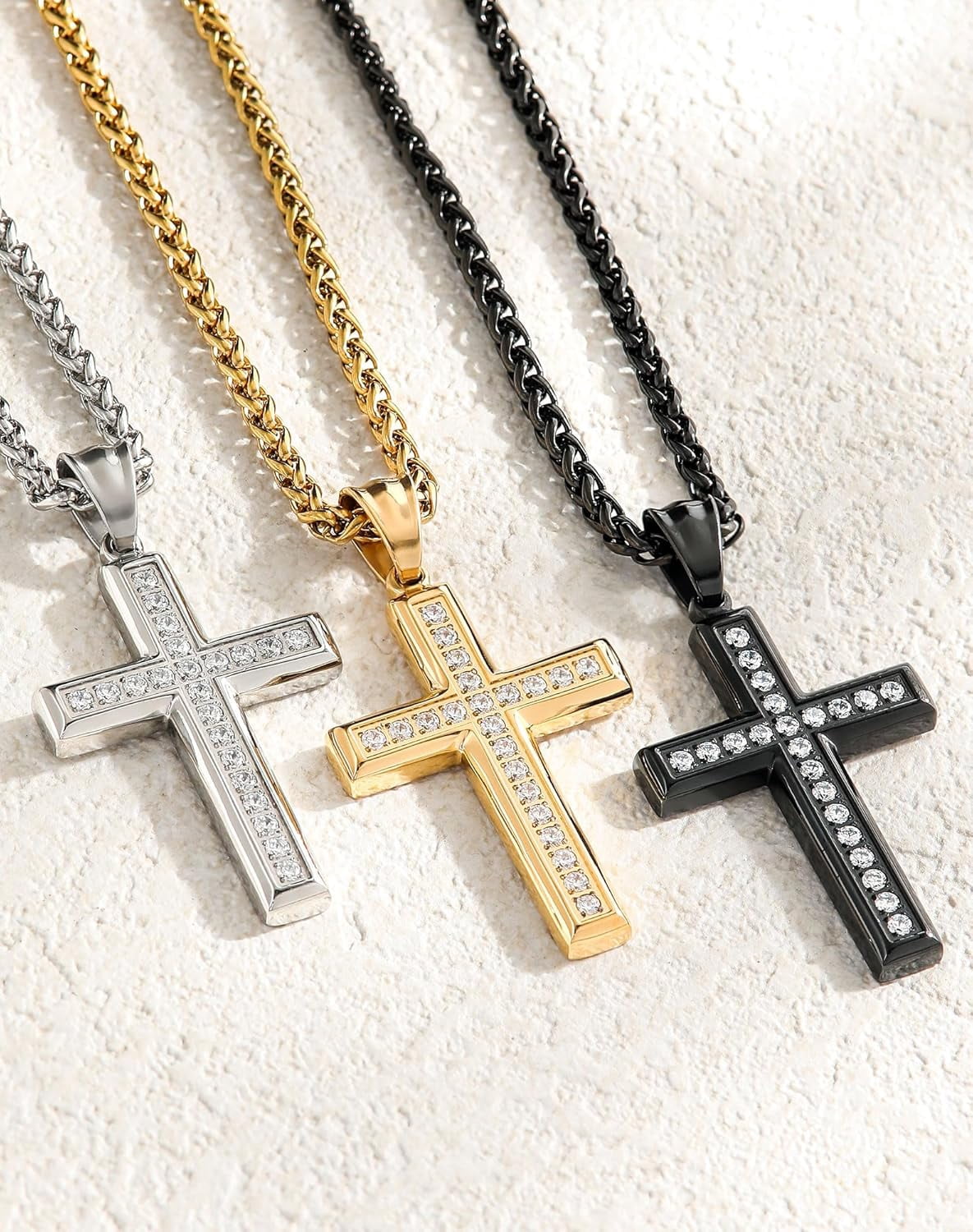 Leander Stainless Steel CZ Cross Necklace Men Women - 18K Gold Plated 5A+ Cubic Zirconia Crucifix Pendant - Christian Religious 3mm Rolo Chain Jewelry Present