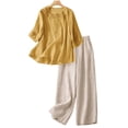 thumbnail image 2 of 2 Piece Outfits for Women Summer Dressy Casual Boho Embroidered Tops Capri Pants Linen Sets for Women 2 Piece,Yellow XXL-5, 2 of 7