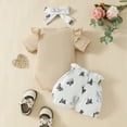 thumbnail image 4 of Hpapadks Baby Girl Outfits Infant Short Sleeve Cartoon Prints Romper Shorts Hairband Baby Girl Clothes Beige 9-12 Months, 4 of 6