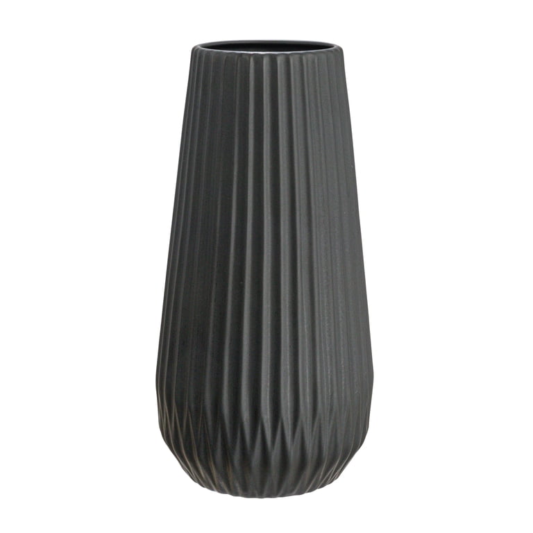 Bloomingville Round Stoneware Fluted Vase with Embossed Lines, Matte Black