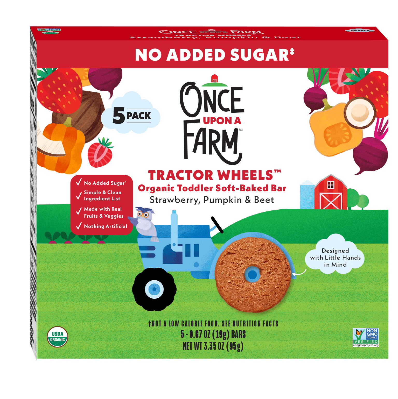 (8 pack) Once Upon a Farm Organic Tractor Wheels Toddler Bar, Strawberry, Pumpkin & Beet, 5ct
