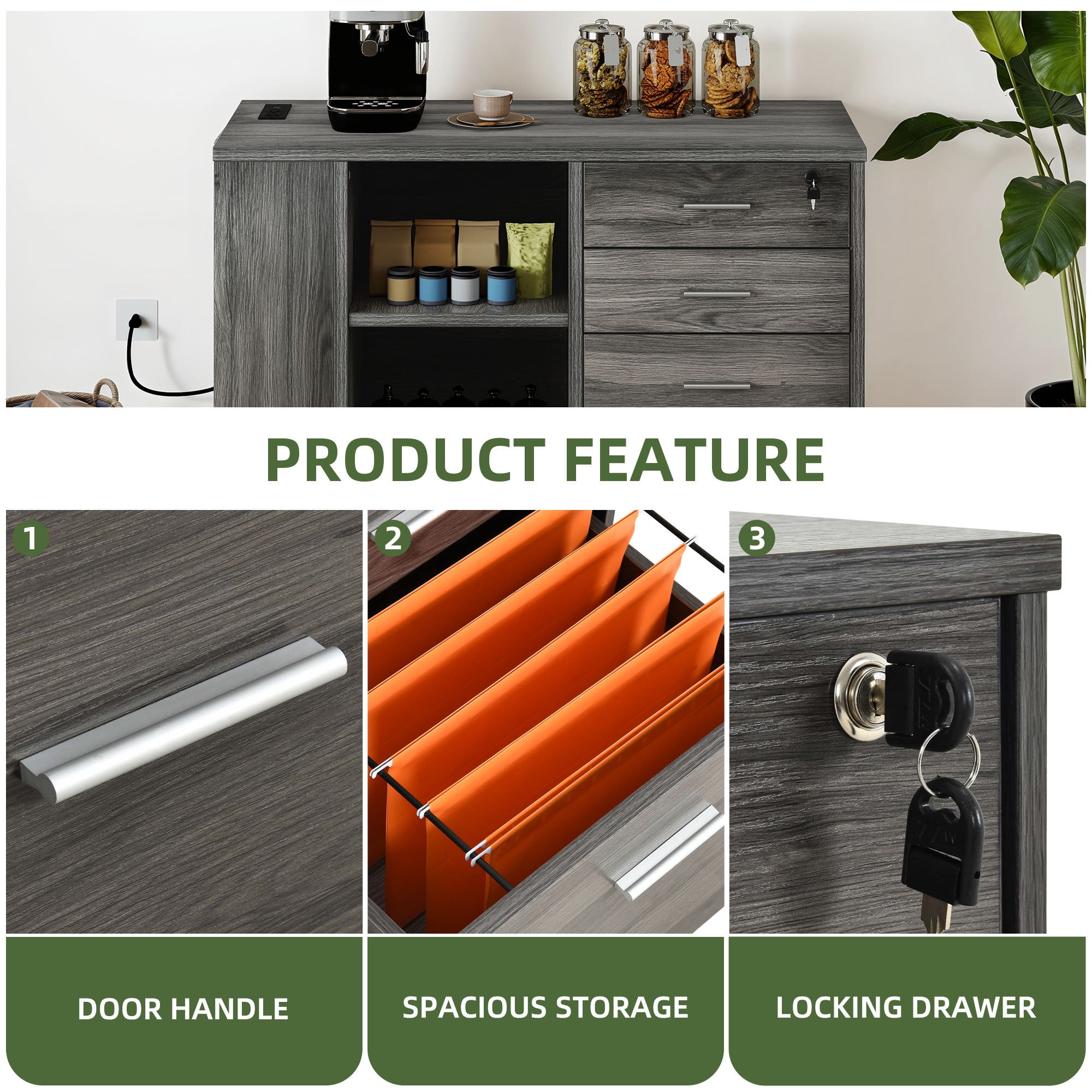 Uforic Mobile File Cabinet with Charging Station, Wood Lateral Filing Cabinet with Lock Printer Stand Fits A4 Letter Legal Size Files