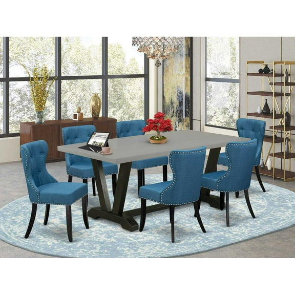 East West Furniture V697SI121-7 7-Pc Dining Room Table Set- 6 Dining Room Chairs with Blue Linen Fabric Seat and Button Tufted Chair Back - Rectangular Table Top & Wooden Legs - Cement and Black...