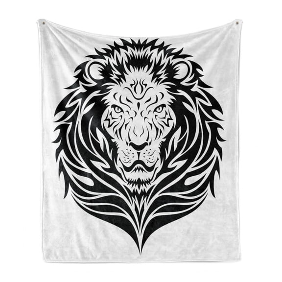 Black and White Soft Flannel Fleece Throw Blanket, Monochrome Lion Head Portrait Animal Design Jungle Wildlife, Cozy Plush for Indoor and Outdoor Use, 50" x 60", Black and White, by Ambesonne