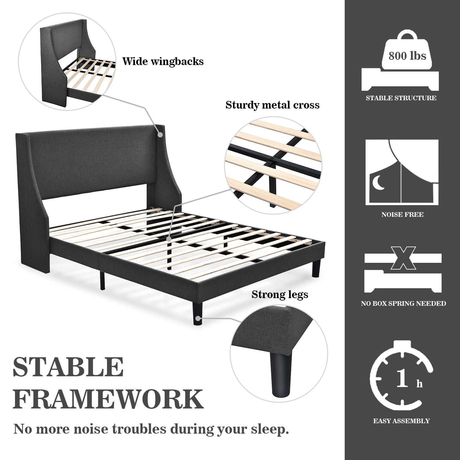 Allewie Full Size Fabric Upholstered Platform Bed Frame with Wingback Headboard, Dark Grey