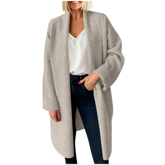 absuyy Trench Coats for Women Slouchy Knit Hoodless Open Front Oversized Fall Warm Lapel Long Trendy Cardigan Jackets Beige Size 2XL