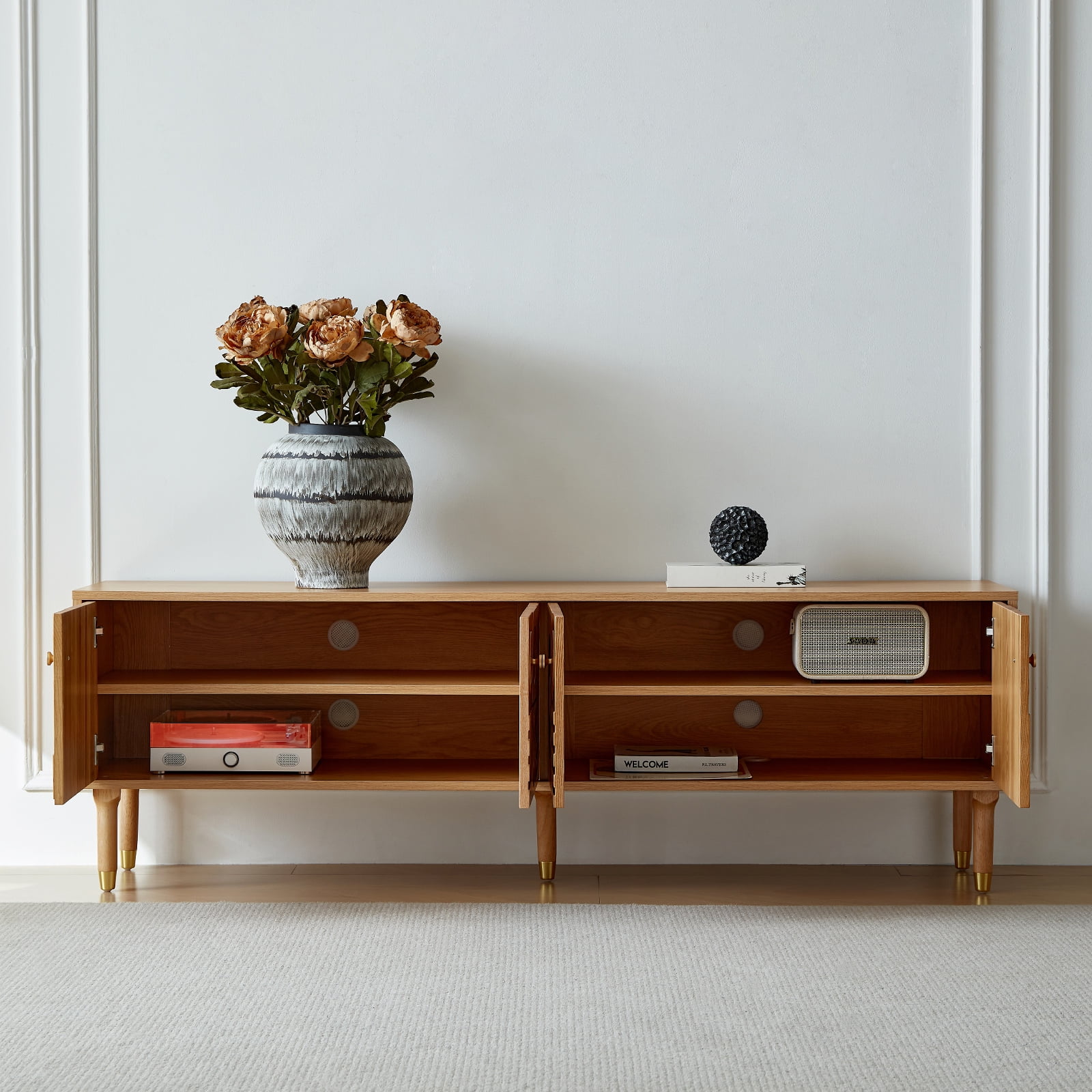 siu want Modern TV Stand for 75 inch TV, 70.9" Retro Media Console with Carved Geometric Doors & 4 Cabinets, Wood Color Entertainment Center​