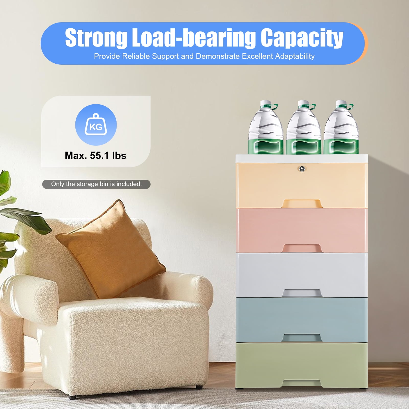 5 Tier Plastic Drawers Dresser Storage Tower w/5 Drawers, Stackable Storage Organizer Cabinet w/Wheels Storage Bin,Mobile Storage Closet Large Containers Organizer Unit