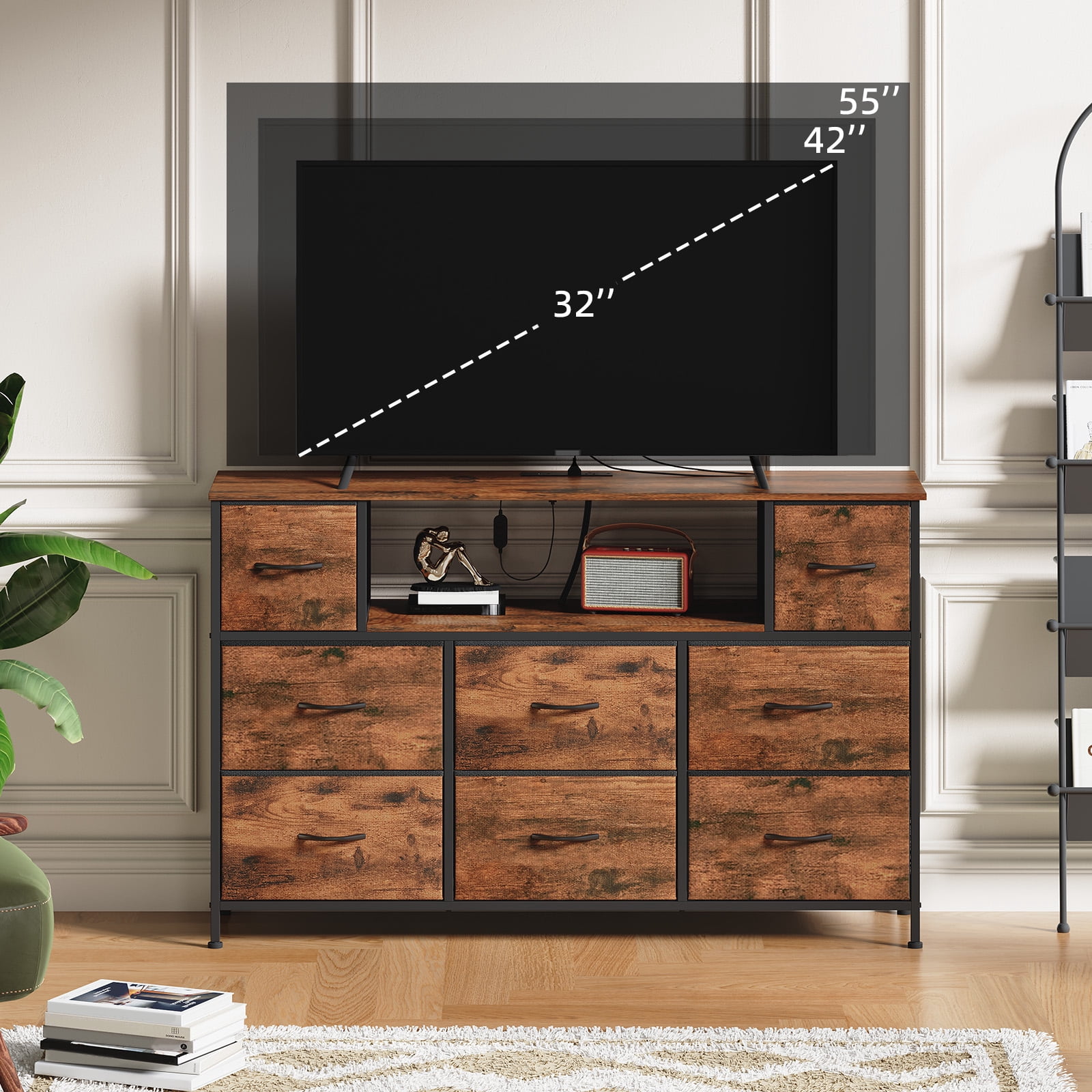 Eunos Tv Stands for 65" Tv with 8 Drawers, LED & Power Outlets for Bedroom, Living Room, Wood Grain Print