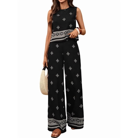 Women 2 Piece Outfits Summer Vintage Print Sleeveless Top & Wide Leg Pants Beach Outfits