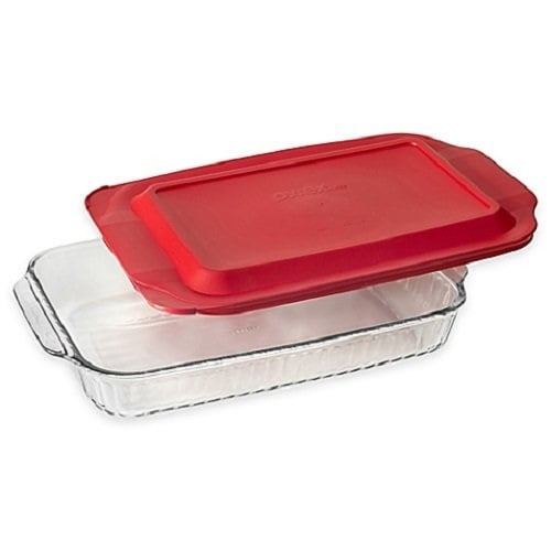 Pyrex Basics 3 Quart Glass Oblong Baking Dish with Red Plastic Lid 13.