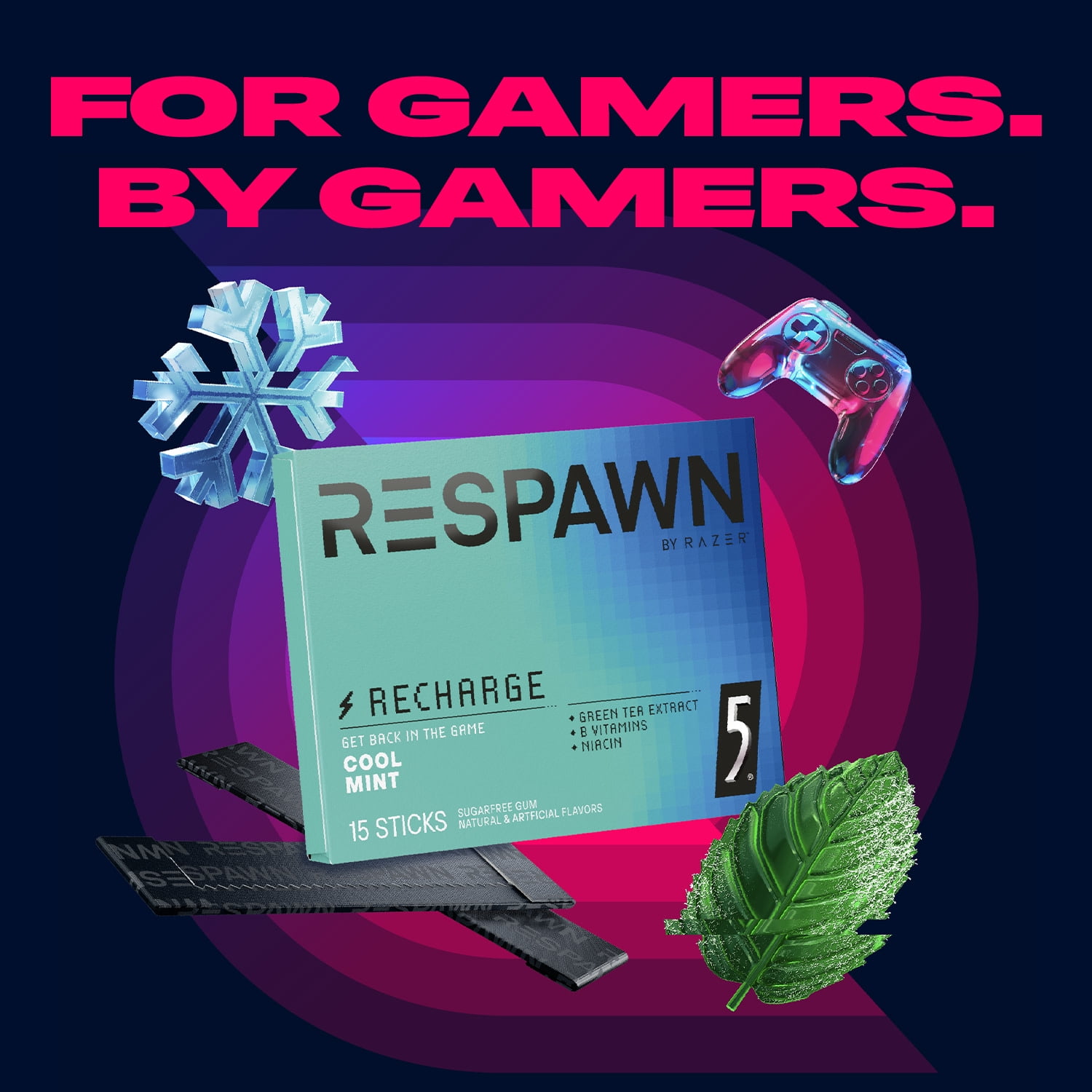 Respawn Cool Mint Sugar Free Mental Focus Chewing Gum - 15 Pieces