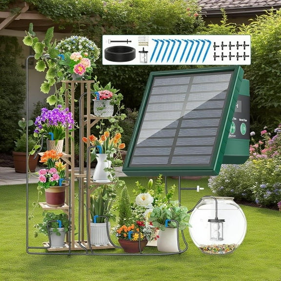 TRJZWA Solar Irrigation System for Garden Balcony Outdoor/Indoor Automatic Drip Irrigation System, DIY Garden Watering System Drip Hose Irrigation with Anti-Siphon and 10m Irrigation Drip Hose