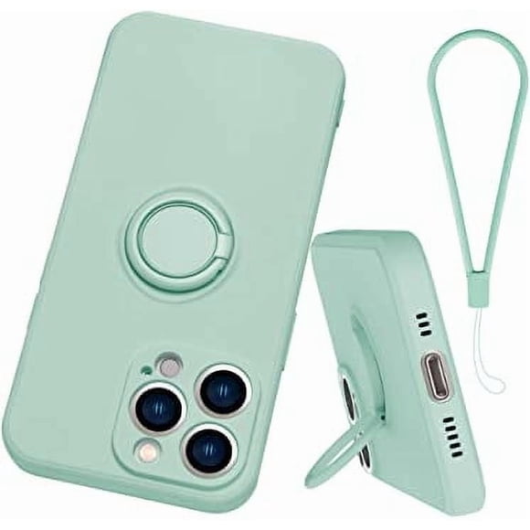 Silicone ring bracket mobile phone case for iPhone 13 pro,360 ° bracket protective cover with hand strap, support magnetic vehicle bracket( Mint Green)