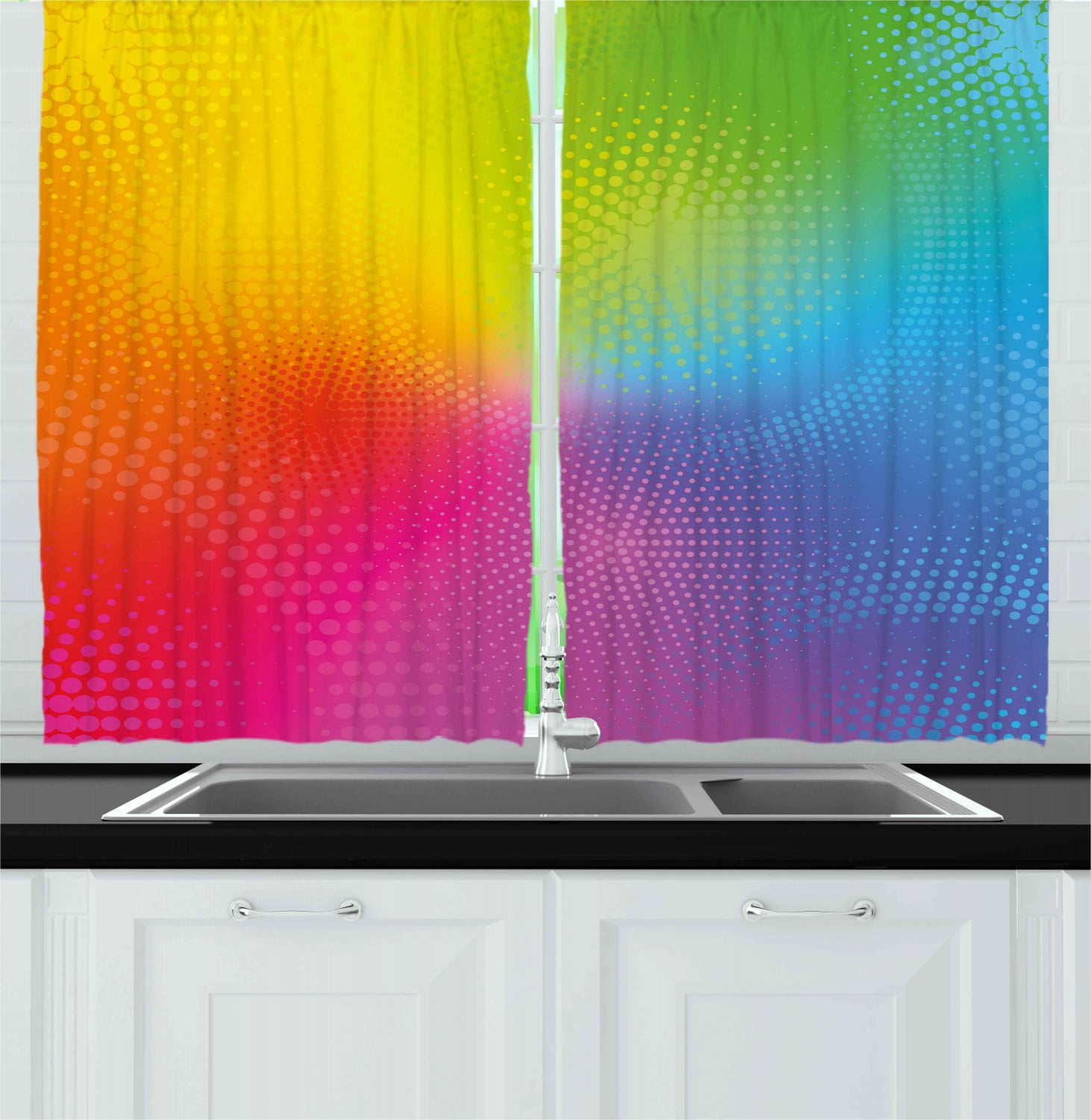 Rainbow Curtains 2 Panels Set, Vibrant Neon Colors Circles Rounds Dots