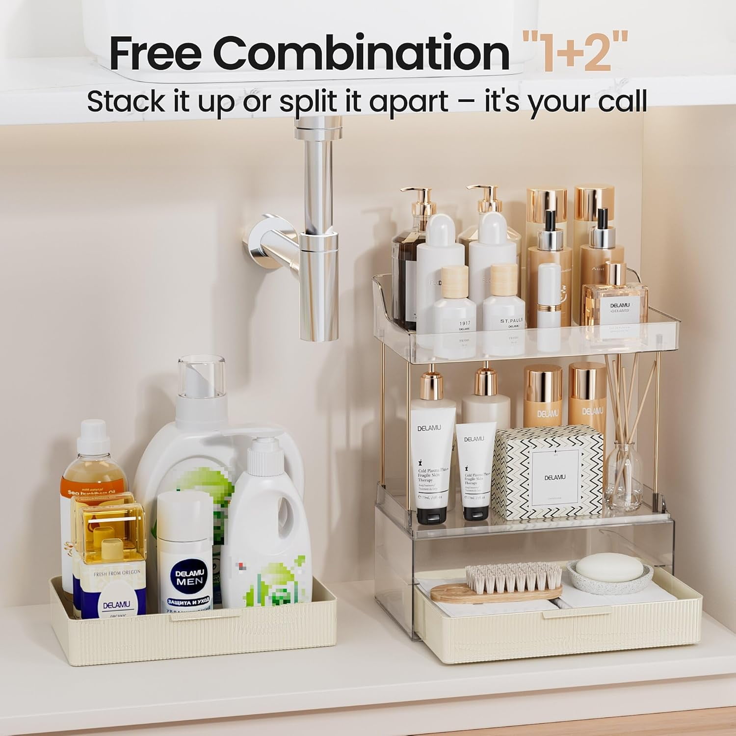 Delamu 2-Tier 2-Drawer Countertop Bathroom Organizer – Multi-Purpose Makeup & Skincare Vanity Storage with Golden Rods, Cream White Color, Exquisite Home Décor Organizer