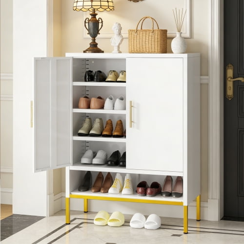 40 Inch Tall Shoe Cabinet, 2-Door 7-Tier Hidden Shoe Organizer, Modern Narrow Metal Shoe Storage with Adjustable Shelves for Entryway, Hallway, Closet, Living Room, White