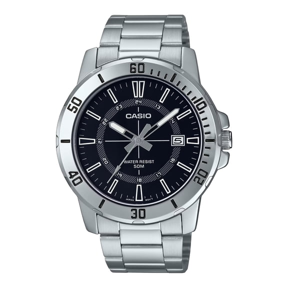 Casio Men’s Silver Analog Watch with Black Dial and Date Display - MTP-VD01D-1CV