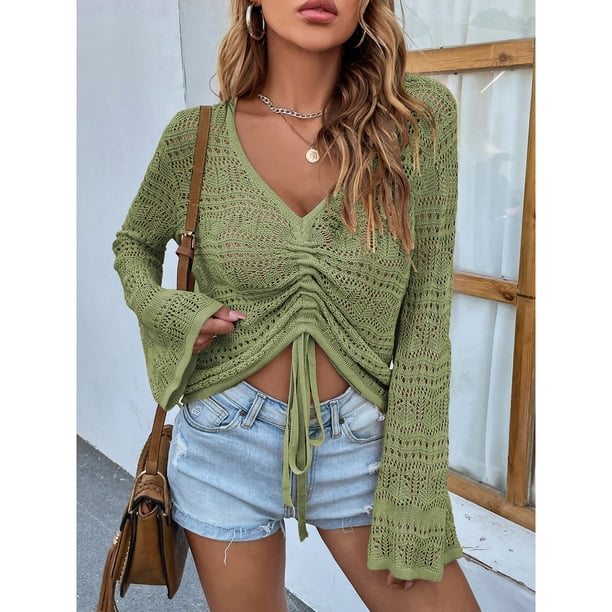 Suéter De Punto Para Mujer, Encantador Cuello En V De Manga Larga De Punto Con Cordón Transpirable Ahuecado Para La Oficina Para Citas ANGGREK Otros