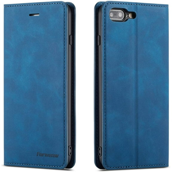 Case for iPhone 7 Plus iPhone 8 Plus, Premium PU Leather Flip Folio Protective Case TPU Bumper with Kickstand Card Slot Holder Hidden  Closure Shockproof Wallet Cover - Blue