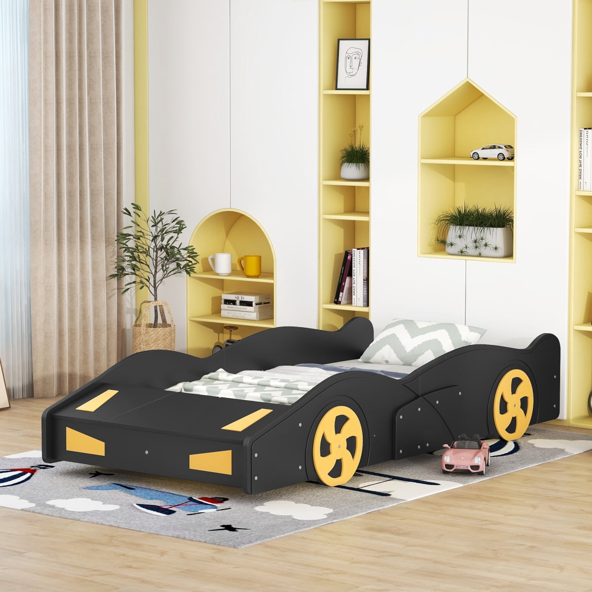 Luckynote Twin Race Car Bed, Wood Platform with Wheels and Storage, for Bedroom, Black Yellow