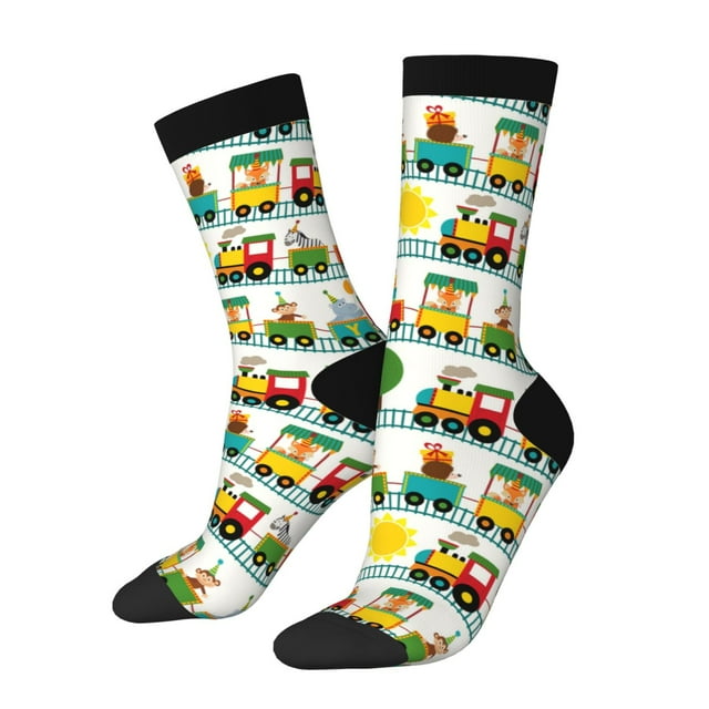 Fotbe Train With Animals Pattern Long Socks for Men & Women – Breathable & Stretchy Compression Socks, Ideal for Running, Travel, and Everyday Wear Size 5-11