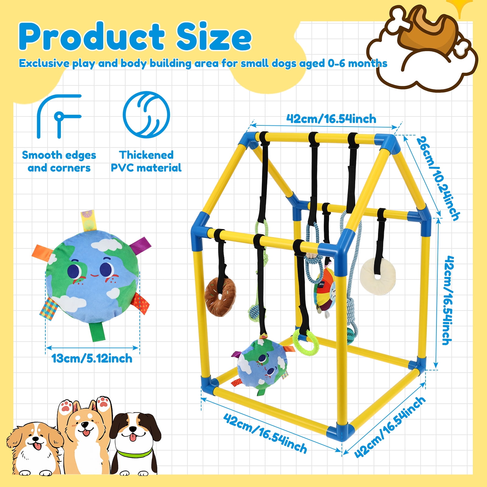 Ikoopy Puppy Play Gym with 8 Hanging Toy Indoor Jungle Gym Toy for Small Dog with PVC Frame and Bungee Strap for Entertainment Funny Teething and Mental Stimulation