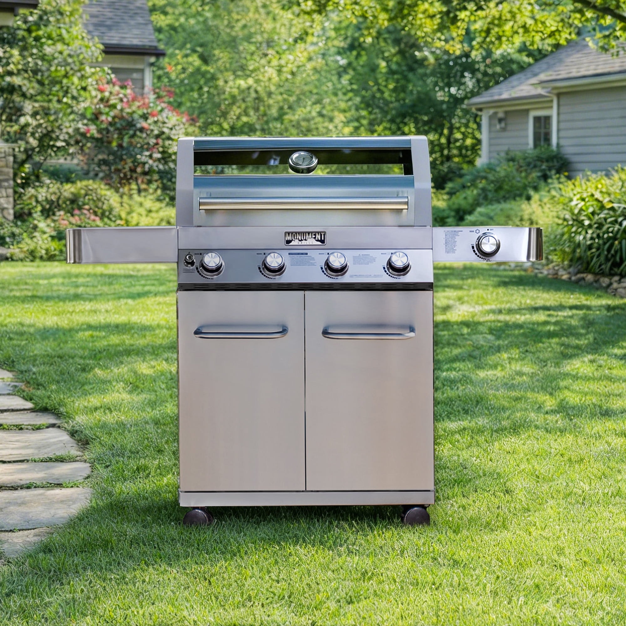 Monument Grills 4-Burner Stainless Steel Propane Gas Cabinet Grill with Clear View Lid, LED Controls, Side Burner