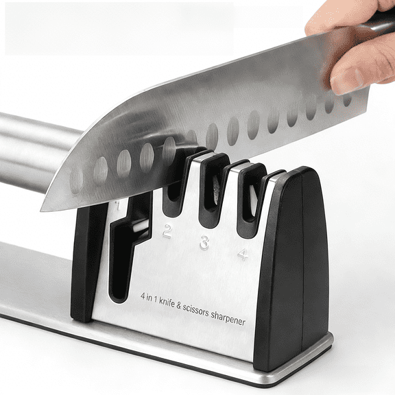 Premium 4-in-1 Manual Knife and Scissor Sharpener with 4-Stage System, Diamond Steel & Ceramic Stone, Ergonomic Design, Non-Slip Base, Black - Kitchen Sharpening Tool