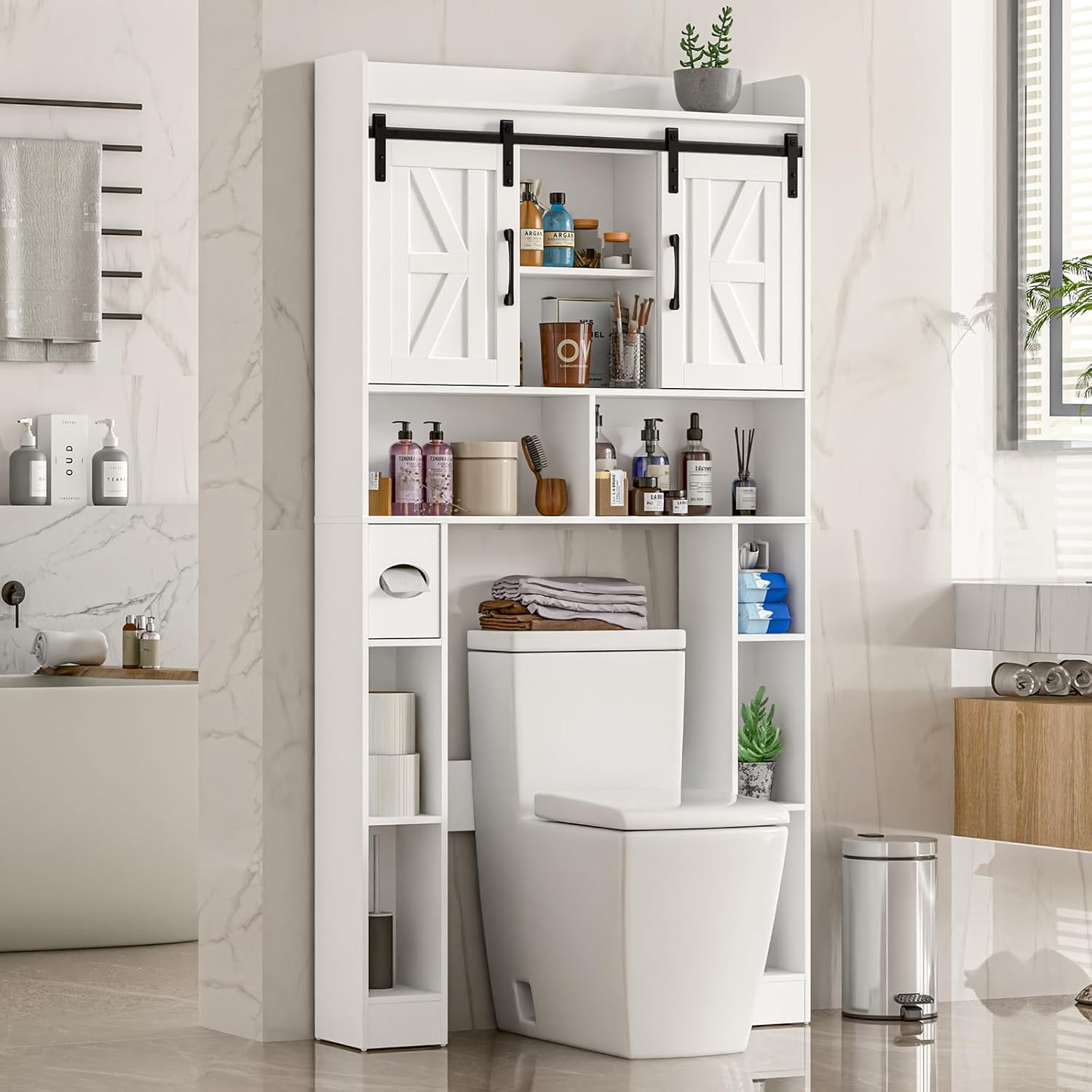 Vabches Over The Toilet Bathroom Storage Cabinet with Sliding Doors, Bathroom Space Saver Organizer Toilet Rack with 6 Storage Shelves, for Bathroom, Restroom, Laundry