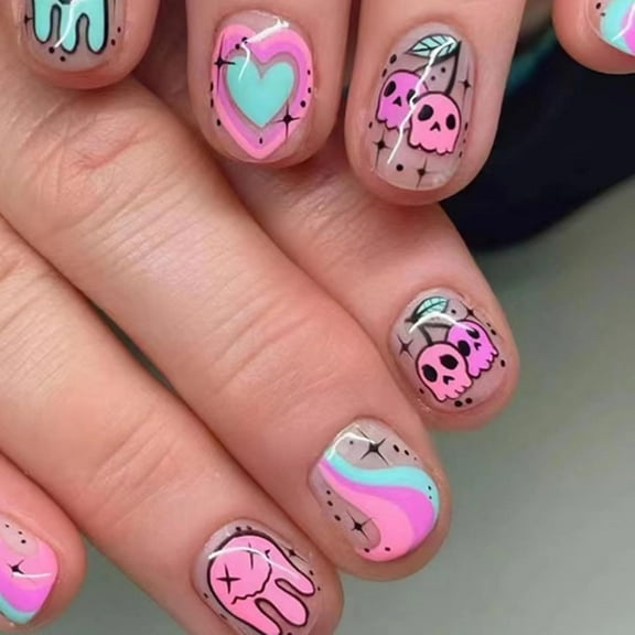 Halloween Press on Nails Short Square Fake Nails Horror Ghost False Nails Bat with Design Glossy Full Cover Pink Glue on Nails Boo Stick on Nails for Women Girls Manicure 24pcs Style28 1 Fl Oz (Pack