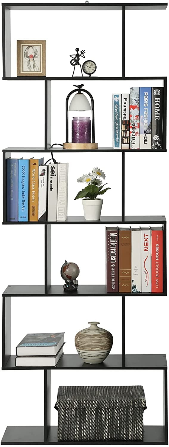 HOMEFORT 6-Shelf S shaped Shelf office, Modern 6-Tier Geometric for Home Black Bookshelf, Bookcase, Wood and Display Storage White Freestanding
