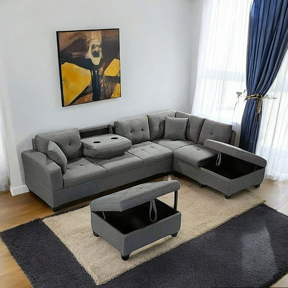 Cosmic Homes Haven Sectional Sofa with Storage Ottoman, Pull-Out Tray & Cup Holder, Grey Couch Set for Living Room, Modular L-Shaped Sofa