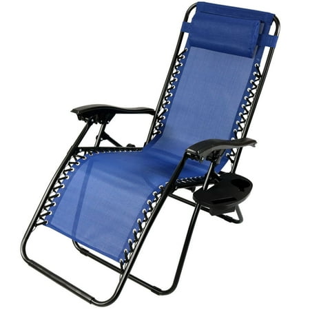 Sunnydaze Fade-Resistant Folding Outdoor Zero Gravity Lounge Chair with Pillow and Cup Holder - Navy Blue