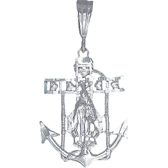 Sterling Silver Anchor Cross with Virgin Mary and Hearts Diamond Cut Finish with Figaro Chain