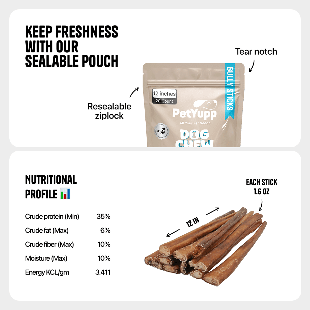 PetYupp Bully Sticks Dog Chew Treats 12 Inch 20 Count