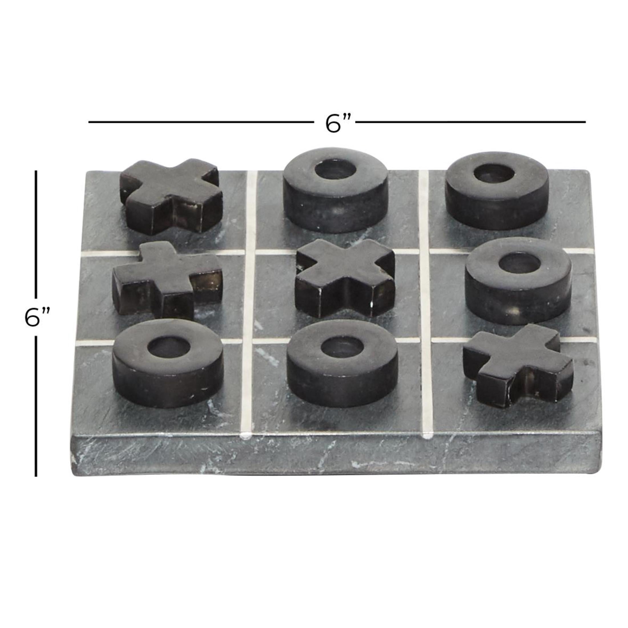 DecMode 6" x 1" Black Marble Tic Tac Toe Game Set with Silver Metal Accents, 1-Piece