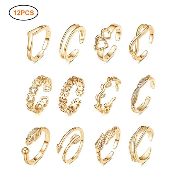 12PCS Adjustable Flower Toe Rings for Women Open Tail Ring Jewelry Kit