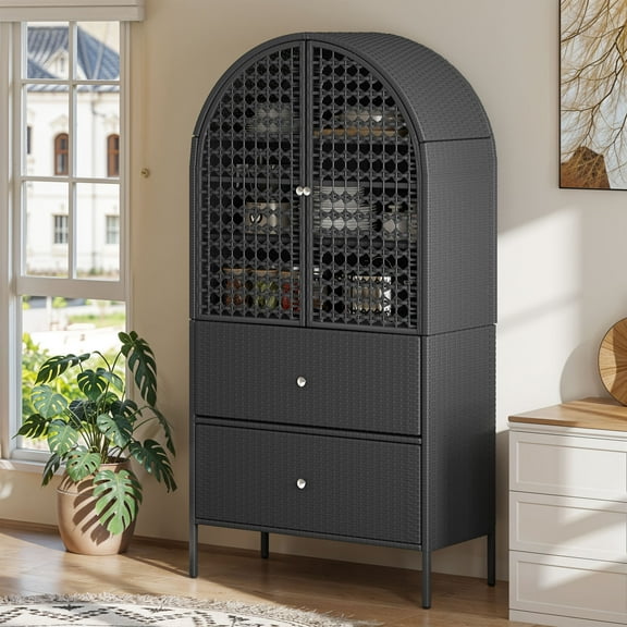 Uforic Arched Kitchen Pantry Storage Cabinet - 65" Rustic Kitchen Organizer with 3 Shelves, 2 Drawers - Durable, Moisture-Resistant & Easy to Install - Black