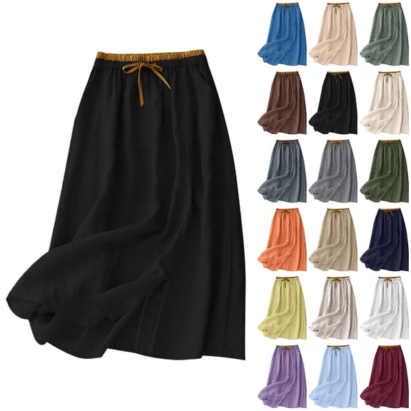 Busydd Women's Cotton Linen Skirt with Pockets Summer Beach Solid Color Elastic Waist Midi Skirt Comfortable Drawstring Slit Hem Long Skirts M