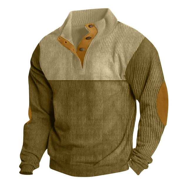 Offres Black And Friday ESSSUT Homme Décontracté Patchwork Pull Mode Manches Longues Col Montant Bouton Blouse Vert Armée L