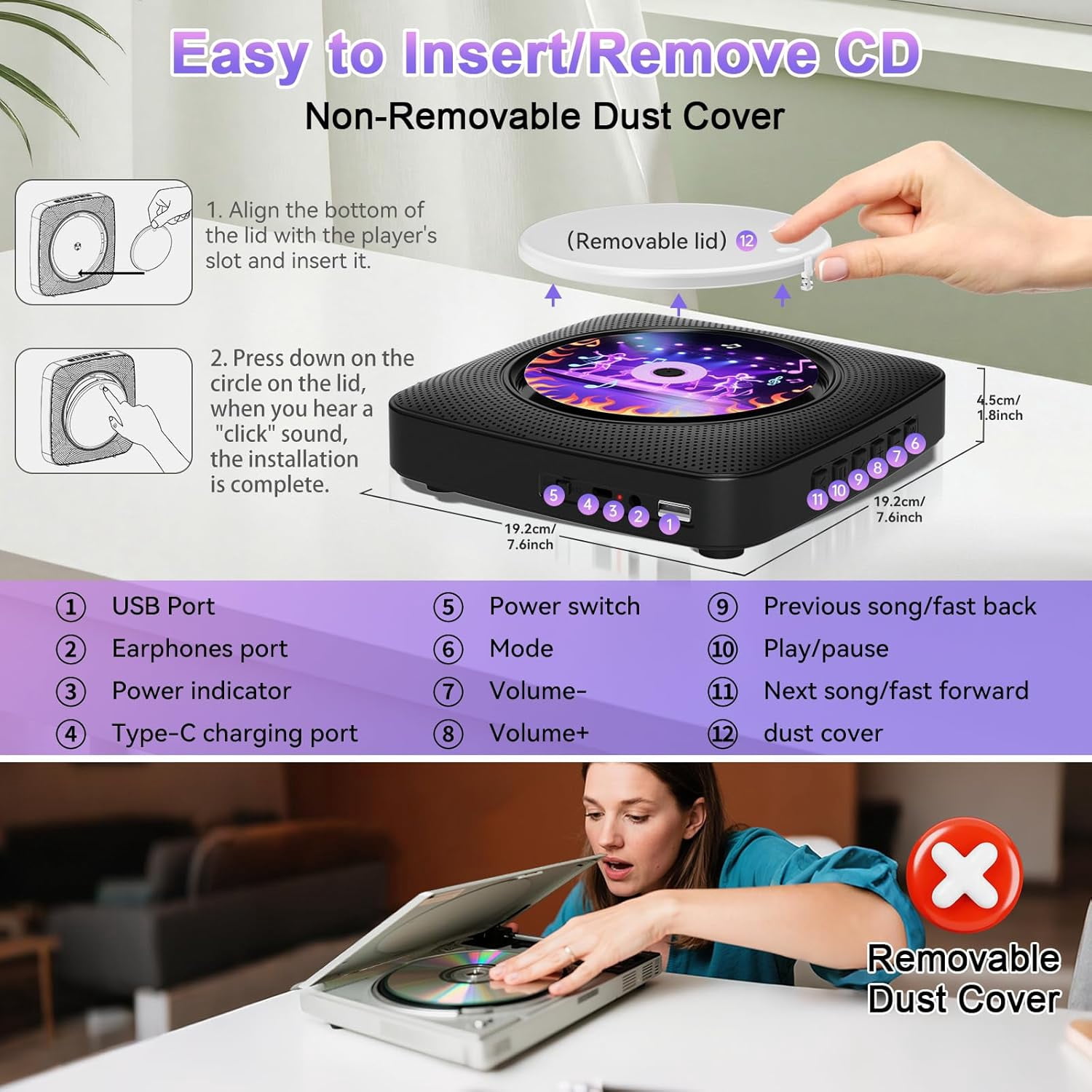 Gueray Portable CD Player Bluetooth: CD Players for Home Rechargeable Desktop Wall Portable CD Player with Bluetooth & Dual Speakers Music Player