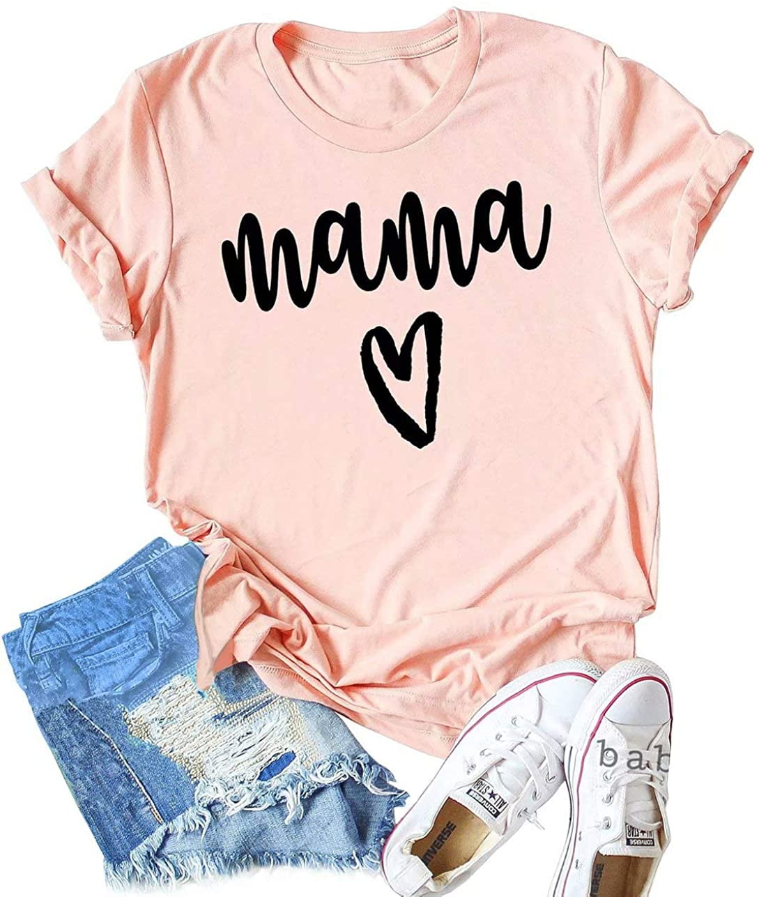 MeiGuiSha Mama Tshirt Womens Mama Heart Graphic Shirts Mom Letter Printed T-Shirt  Funny Short Sleeve Tops Blouse Pink Medium Pink Medium 